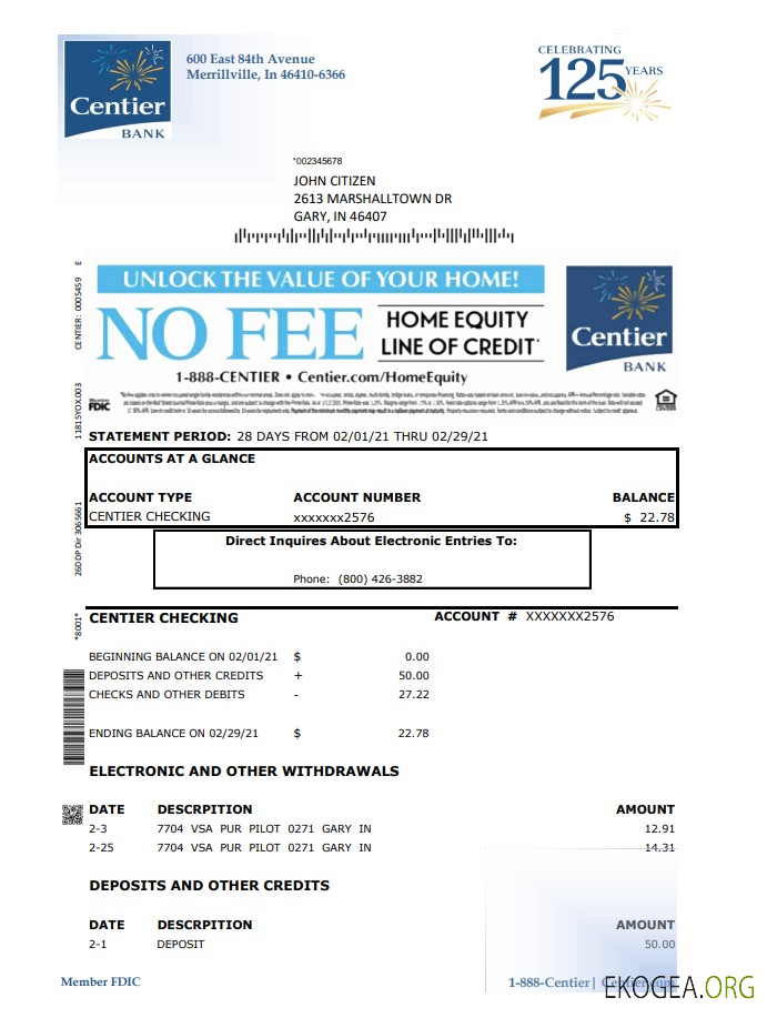 Modèle de relevé bancaire USA Indiana Centier au format Excel et PDF